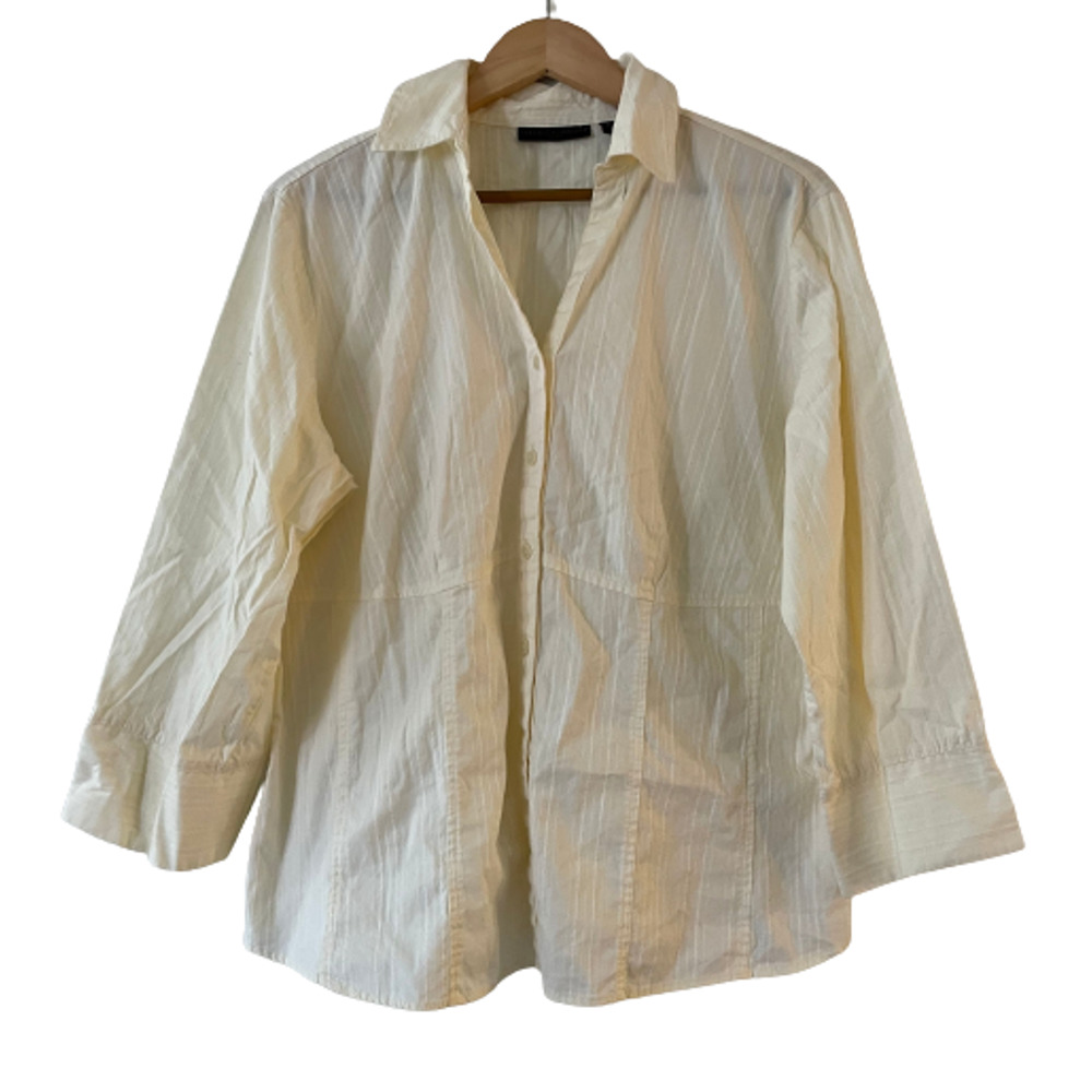 Preswick & Moore Size 18W Women Ivory Button Up Shirt Textured Stripe 3/4 Sleeve